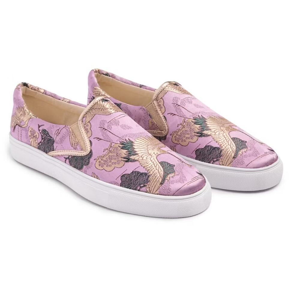 Johnny Was Crane Slip On Sneaker Satin Bird Print 8 M Lilac Purple NEW